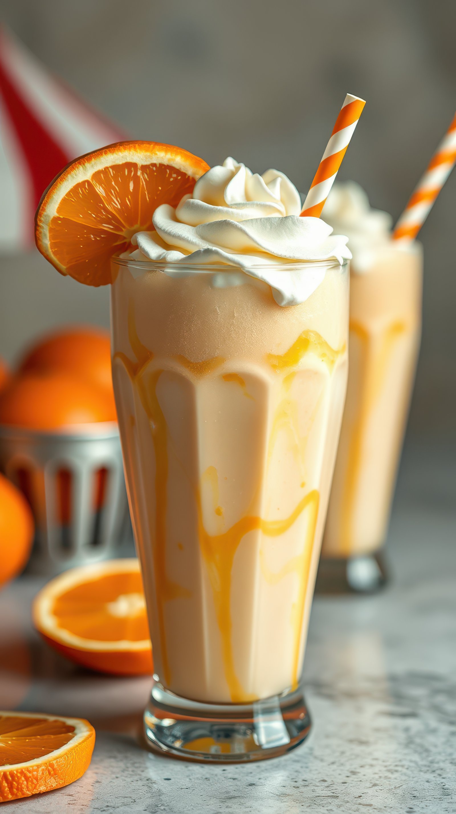 Creamy orange dessert drink topped with whipped cream and served in a tall glass during summer